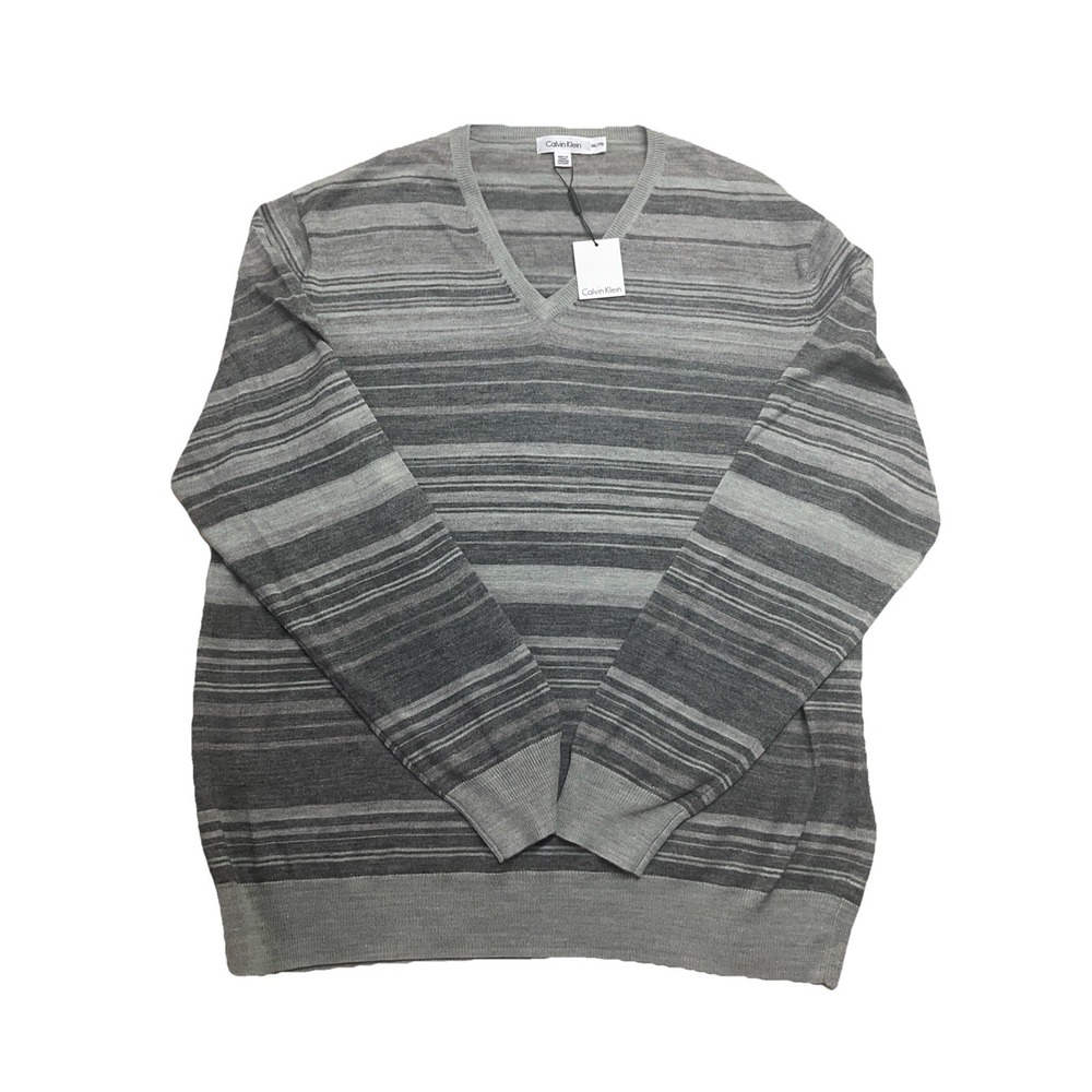 Calvin Klein Men's Gray Stripped Pullover Cardigan Sweater Size 2XL